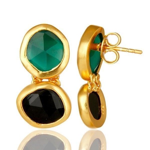 18K Gold Plated 925 Sterling Silver Green Onyx Black Onyx Dangle Jewelry - Picture 3 of 3