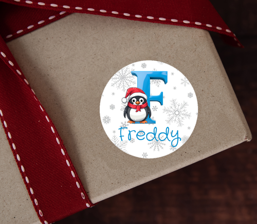 Personalised Christmas Penguin Initial Name Stickers Gift Wrap Presents Santa - Picture 30 of 50