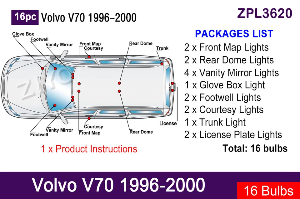 Kit de actualización de luz interior LED de 16 piezas para Volvo V70 1996-2000 Foto 2 de 4