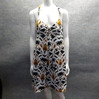 Bisou Bisou Dress Womens 12 ALine Waist Halter Top Black Gold White Stretch  Geo | eBay