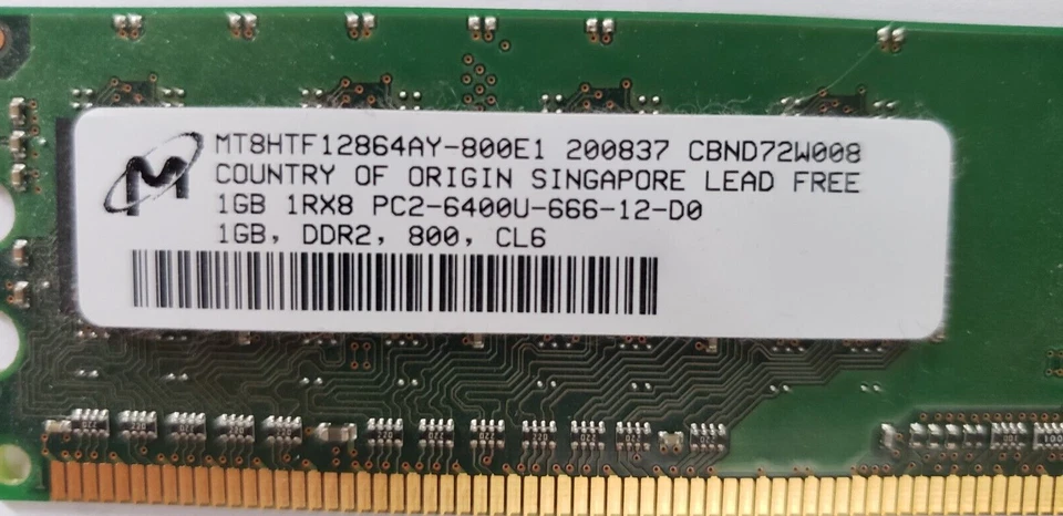 3 x 1GB 1RX8 PC2-6400U-666-12-D0  DDR2 800 CL6  "Micron" Memory RAM Sticks - Image 3 of 4