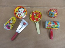 Lot of 6 Vintage Tin Litho Mixed Noise Makers 1950s  B