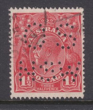 PERFIN: OS NSW ON 1 1/2d RED  KGV  SINGLE WMK  FINE USED ...