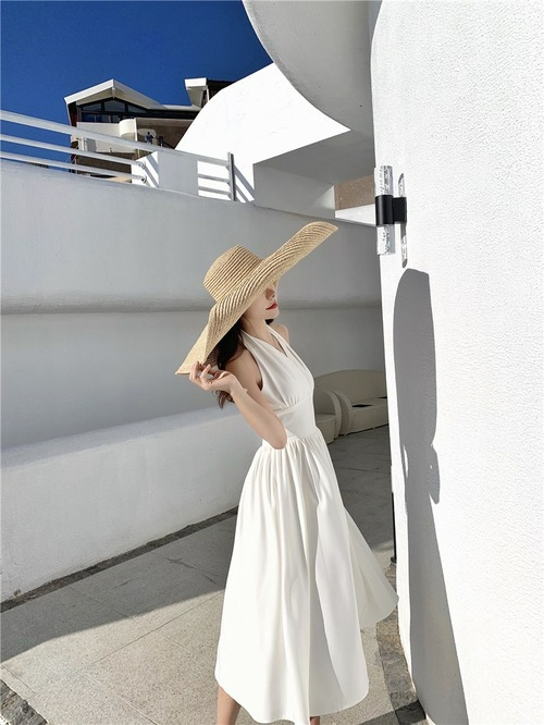 Summer Women Elegant Halter Midi Dress Casual Office Lady One Piece