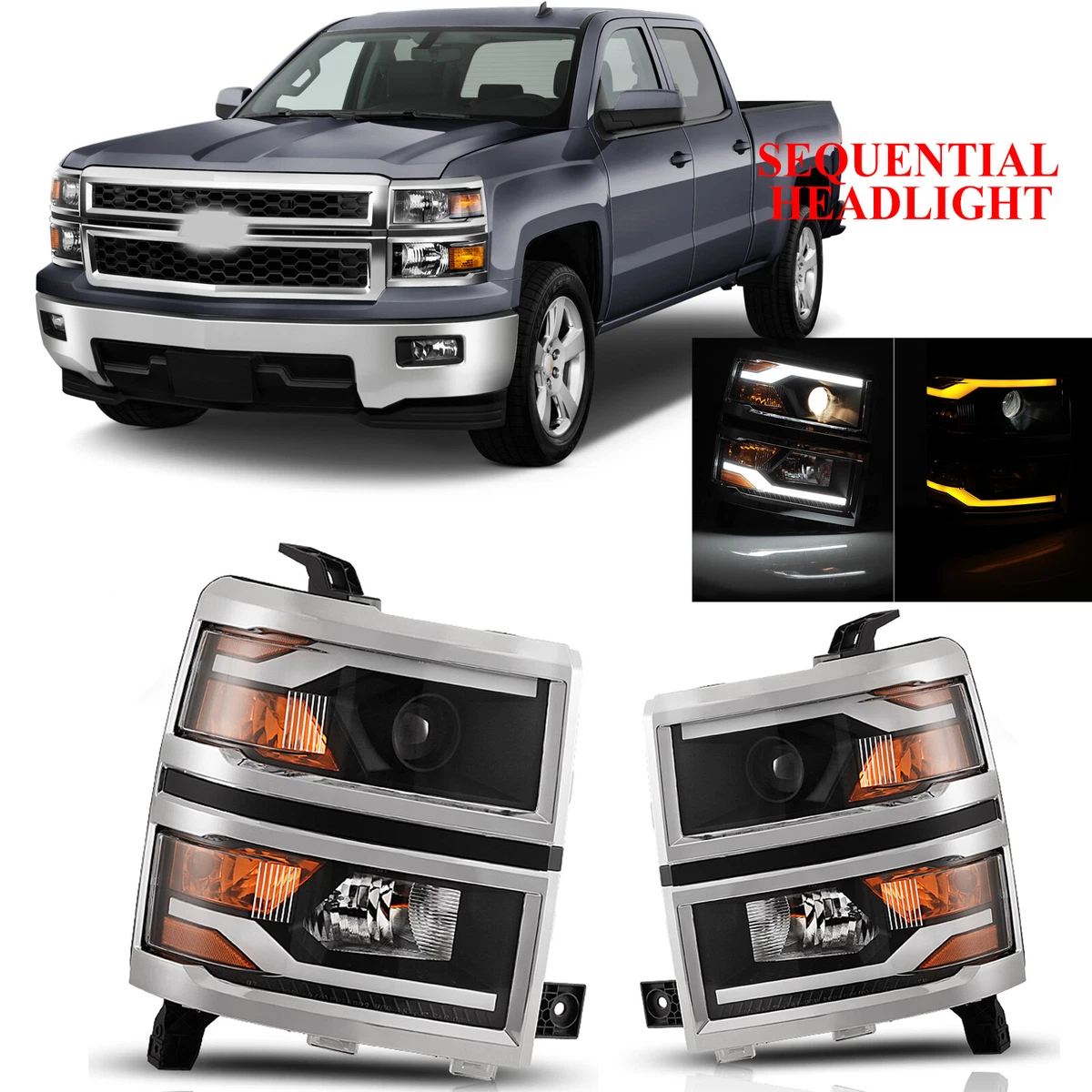 For 2014 2015 Chevy Silverado 1500 LED DRL Projector Headlight