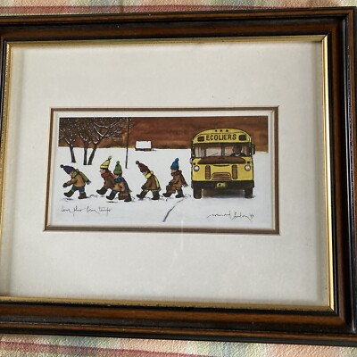 Normand Hudon, school bus, children,  leur plus beau temps  dated and signed