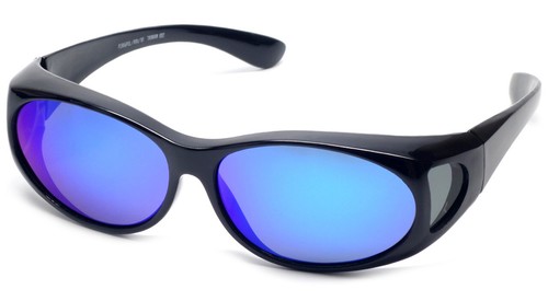 Calabria 2866 Medium Polarized Wear/Fit-Over Sunglasses Gloss Black Blue Mirror