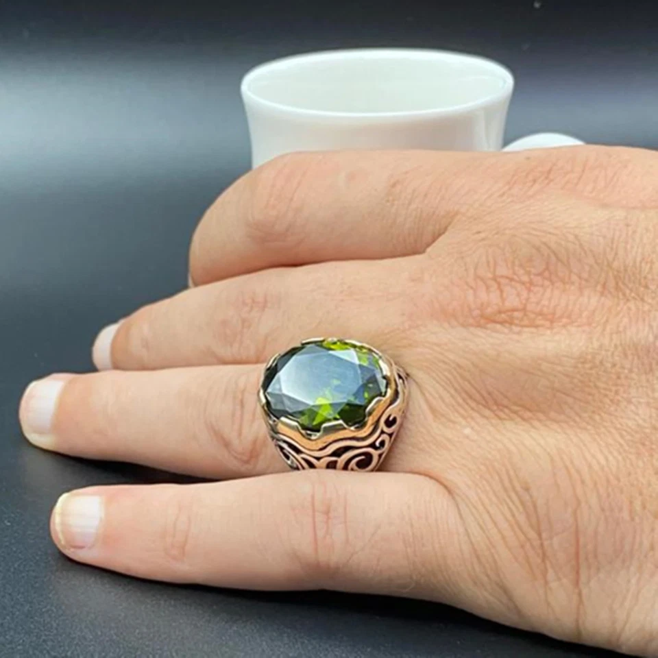 Men's Peridot Ring 925 Sterling Silver Turkish Handmade Jewelry All Size - Image 2 of 4