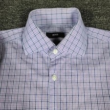 Hugo Boss Button Down Shirt Mens 15 32/33 Purple Plaid Dress Casual Preppy