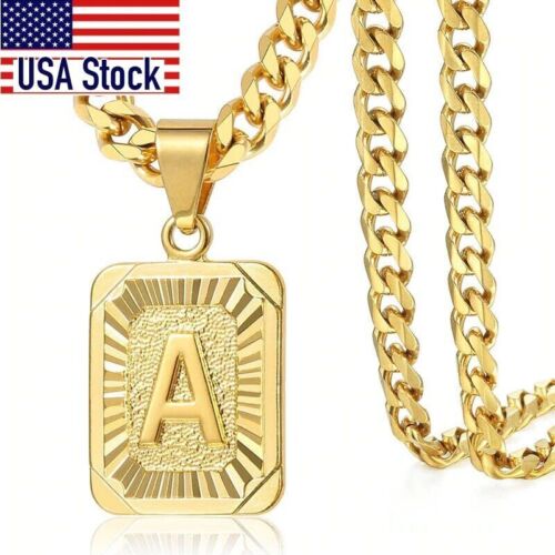 A-Z Initial Letter Card Pendant Necklace with Cuban Curb Chain for Men and Women - Picture 1 of 6