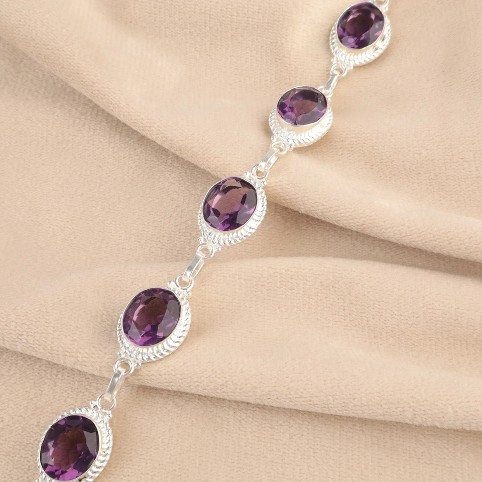 Pulsera de cadena de piedras preciosas amatista natural de plata 925 regalo de boda para ella Foto 4 de 4