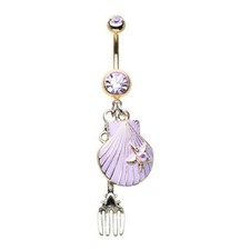 Sexy anillo para el vientre con concha tenedor de cuento de hadas violeta dorado joyería corporal circonita cúbica
