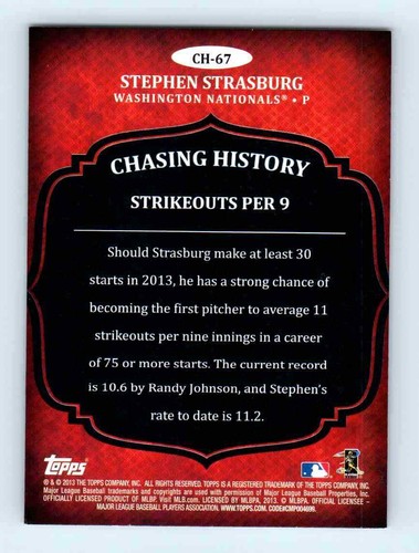 2013 Topps Chasing History Stephen Strasburg Washington Nationals #CH-67 - Picture 2 of 2