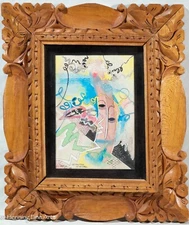 Beautiful Vintage Abstract Painting Signed Winona Bali Carved Wood Frame, Nice!