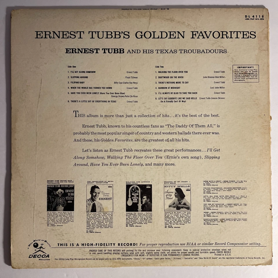 Ernest Tubb And His Texas Troubadours ‎– Ernest Tubb's Golden Favorites Vinyl - Image 2 of 3