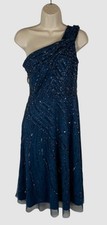 Adrianna Papell Women's Blue Lined Midi Beaded One-Shoulder Dress Size 2