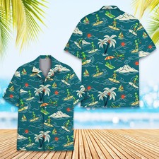 Alien Surfing Funny Surfer Aloha Tropical Beach Summer Hawaiian Shirt