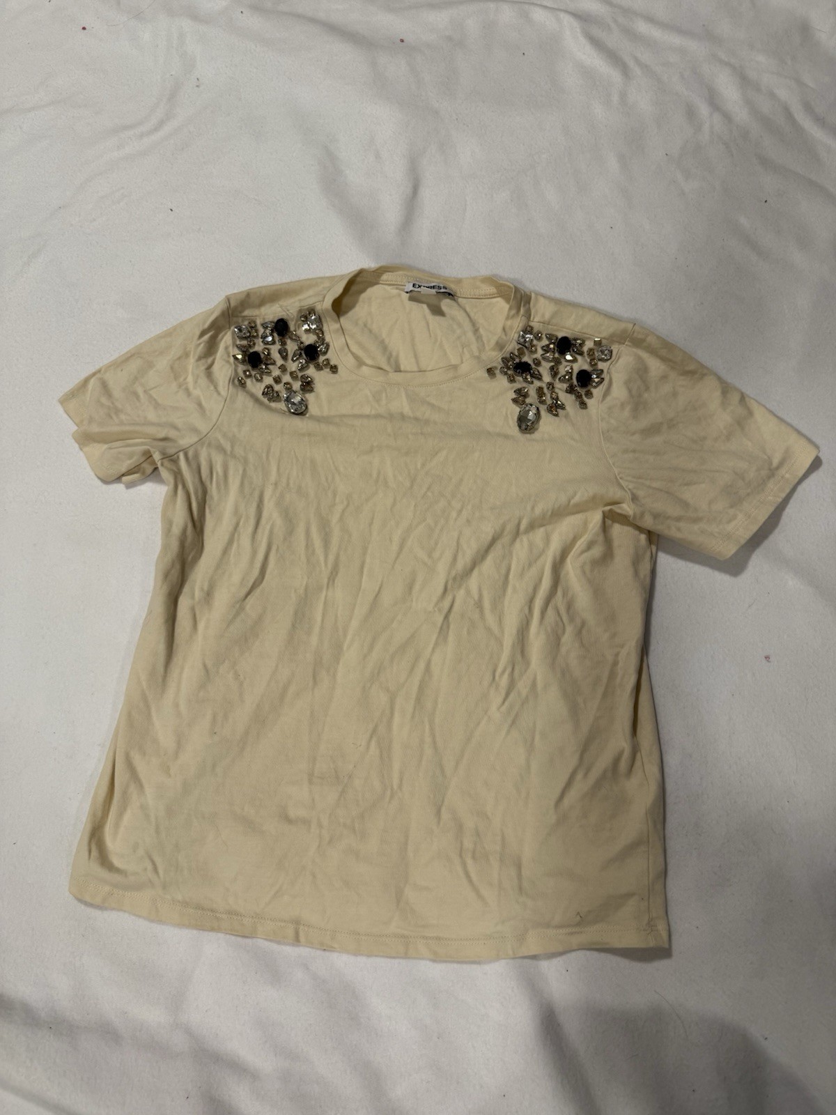 Express Embellished Shoulder Tee – Cream/Beige – Women’s M – Jewel Detail