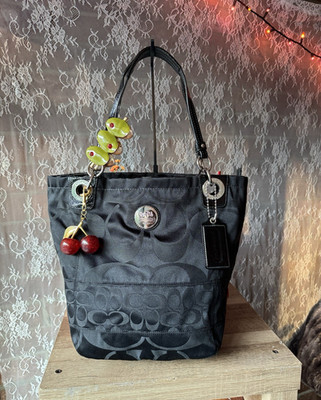 Coach Signature Logo Black Zip Top Tote Shoulder Bag Cherry Charm Lined Pockets