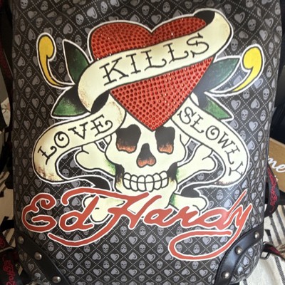 Ed Hardy Black Skull Print Rhinestones Drawstring Adjustable 