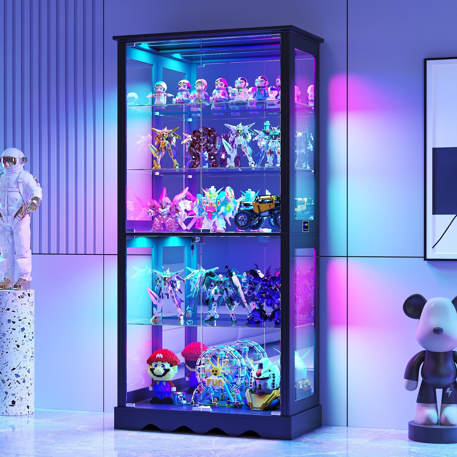 Glass Display Cabinet with RGB Lights, Adjustable Shelves & Lockable