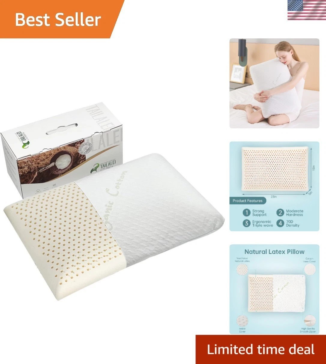 Organic Talalay Latex Pillow with Zippered Cover - Medium Fi