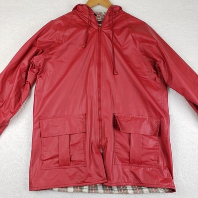 Totes Red Rain Jacket S Hooded Plaid Flannel Lined PVC Raincoat Vintage Retro