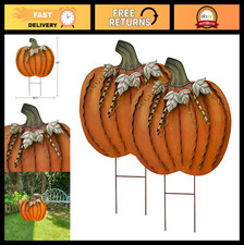 Set of 2 Metal Pumpkin Yard Stakes - Outdoor Fall Garden Decor for Halloween T