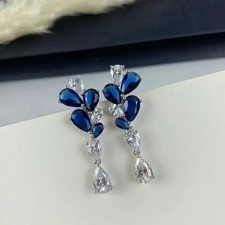 2Ct Pear Cut Lab Created Blue Sapphire Drop Dangle Earring 14K White Gold Plated