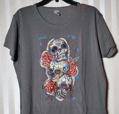 Skulls and Roses Graphic T-shirt Sz 2XL Gray 100% Cotton Short Sleeve Tattoo Art