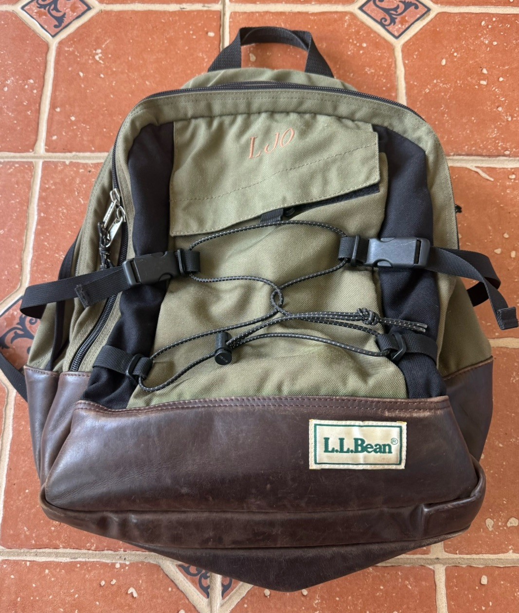 Vintage 90s LL Bean Bookbag Olive / Green Drawstring Leather Bottom Made In USA