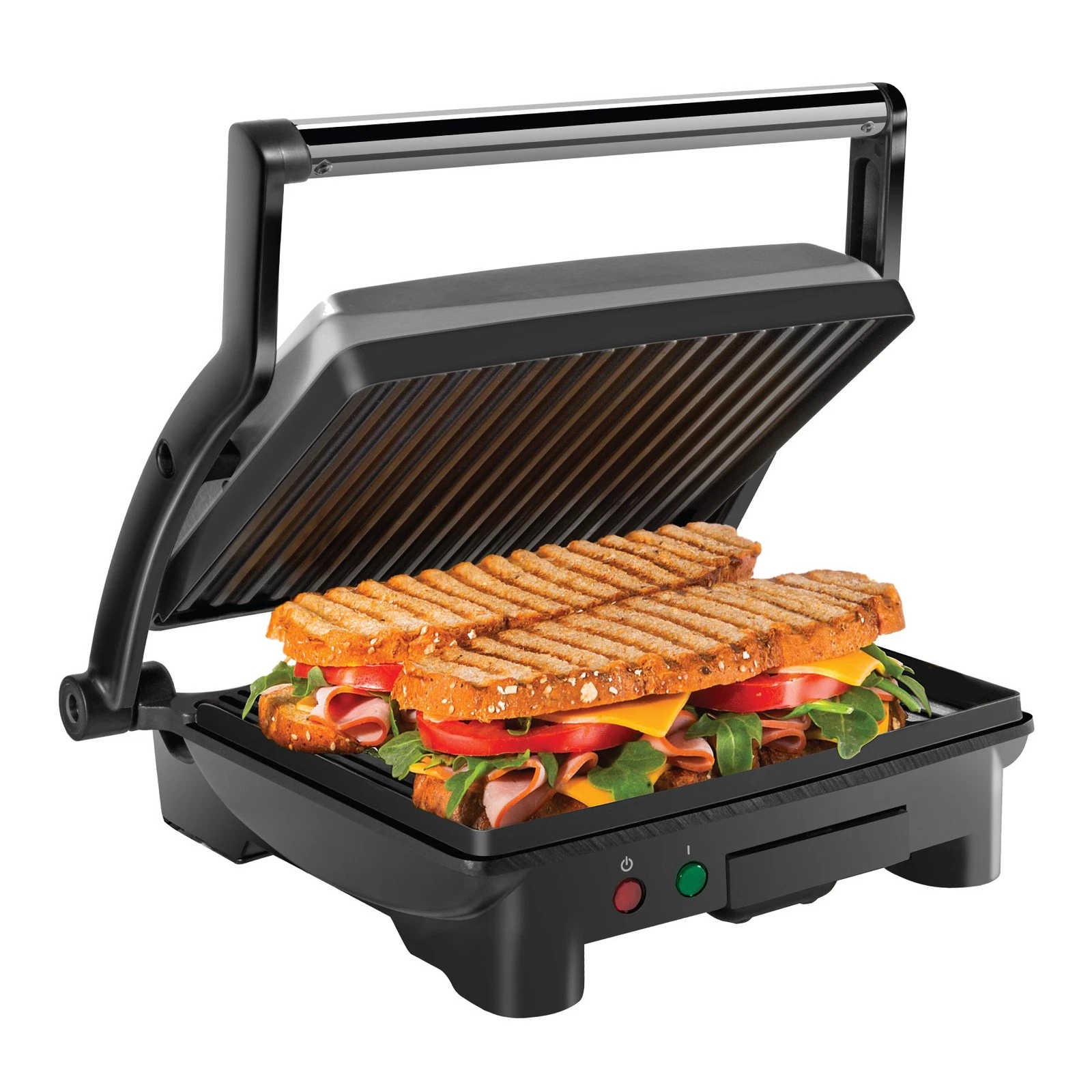 Panini Press Grill 4 Slice 180 Opens Non Stick Stainless Steel Black Chefman