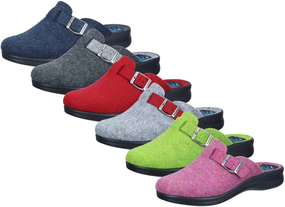 Fly Flot Damen Hausschuh Filz Pantoffel leicht mit Riemen und Schnalle 320302