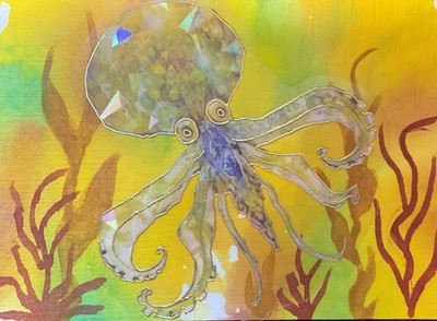 ACEO  Original Octopus Sea Life Mixed Media ATC By Creative Siren 3.5x2.5