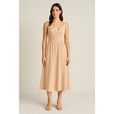 Reformation Ruched Bodice Smocked Beige Midi Dress Size 10 Minimalist Bridesmaid