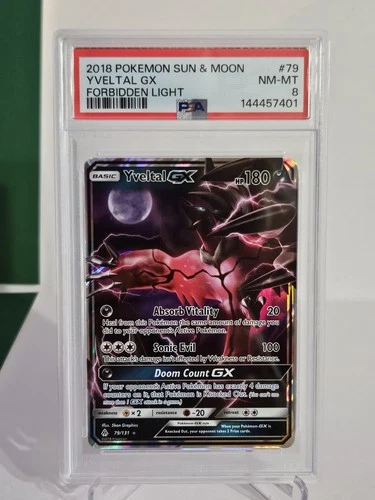 Pokémon TCG 2018 Yveltal GX Full Art Forbidden Light 79/131 PSA 8