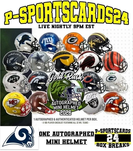 LOS ANGELES RAMS 2026 GOLD RUSH SIGNED NFL FOOTBALL MINI HELMET LIVE MONDAY