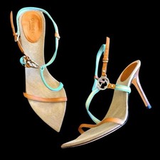 Tom Ford Gucci Brit Strappy Y2K Teal Tan Heel Silver Logo Stilettos Vintage RARE