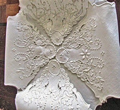 Vtg  Doily Rolls Basket All 4 Corners Handmade Lace  Whitework Embroid Fancy