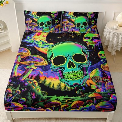 Skull Fitted Sheet Set Twin Size, Fantasy Fungus Skeleton Green Gothic for Bo...