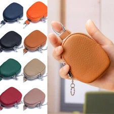 Mens Womens Real Leather Pouch Key Holder Mini Zip Coin Case Keychain Detachable