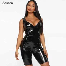 Women Sexy Backstraps Sleeveless V Neck Skinny Leather Bodysuit Slim Jumpsuits