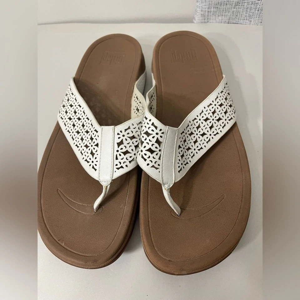 Fitflop белая кожа сандалии цветочный решетка дизайн Sz 11 платформе удобный - Изображение 3 из 4