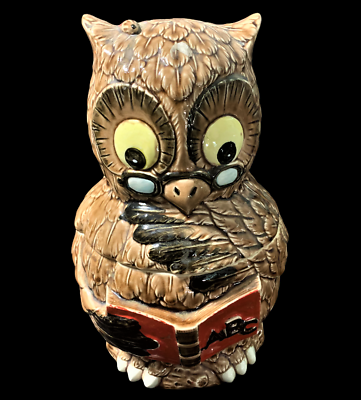 Vintage Cookie Jar of Owl Learning ABCs, Wearing Spectacles and