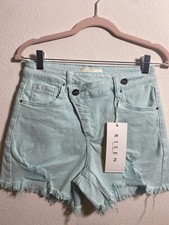 RISEN Mid Waist Frayed Hem Denim Shorts S MINT Distressed asymmetrical unique