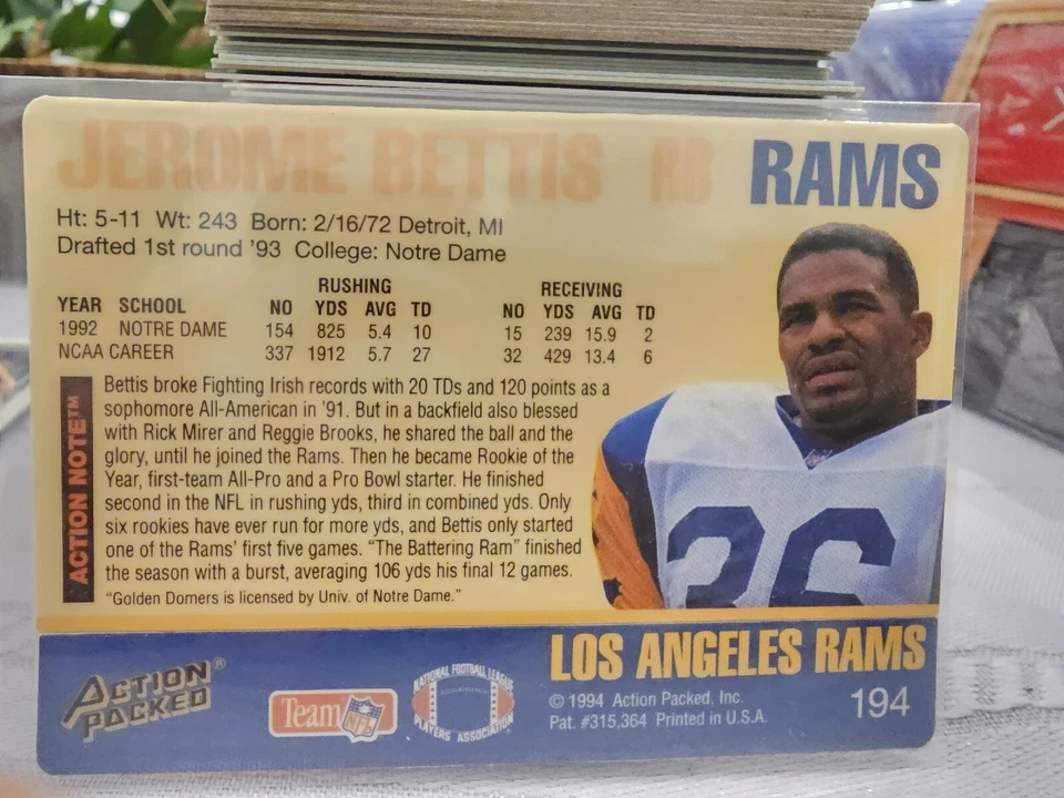 1994 Action Packed #RU944 Jerome Bettis HOF ROOKIE PROMO L.A. Rams / Steelers - Image 2 of 2