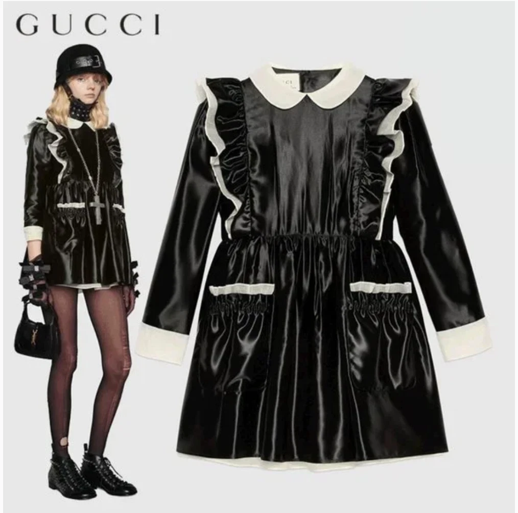 Gucci Babydoll black Satin Dress With Ruffles goth new Size S