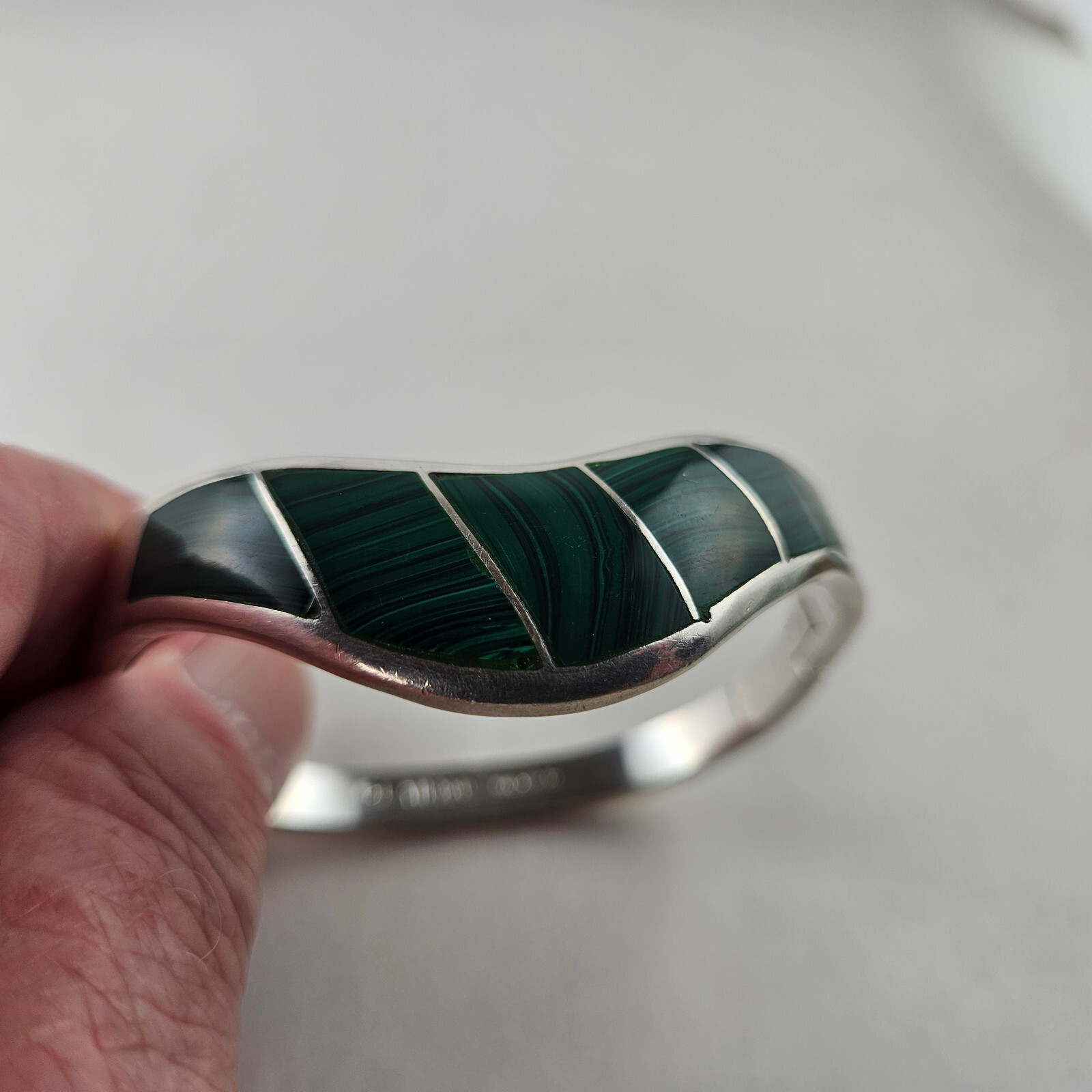 Sterling Silver Hinged Bangle Inlay Malachite Bra… - image 9