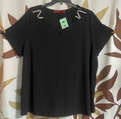 Love Scarlet Sheer Cold Shoulder Shirt Size 2X Black Bling Top NEW w/ Tags #0039