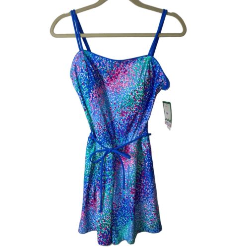 Sea Waves Swim Romper Womens Vintage Size 14 Blue White Belted Abstract Retro